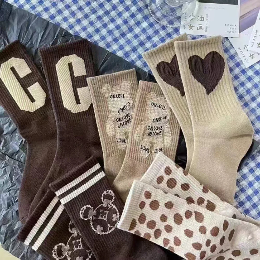 

Ins Tide Curry Brown Socks Female Love Socks Mid-calf Cute C Letter Long Socks Maroon Socks Thick Winter Socks