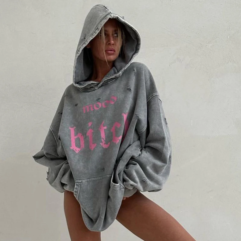 

Fashion New Street Style Old Washed Tattered Letters Printed Hooded Sweater Women Spring and Autumn Lazy Loose Top Coat Women