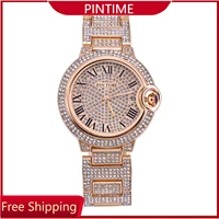 pintime fashion mens business watch full diamond iced out watches stainless steel quartz movement bling watch gift clock montre
