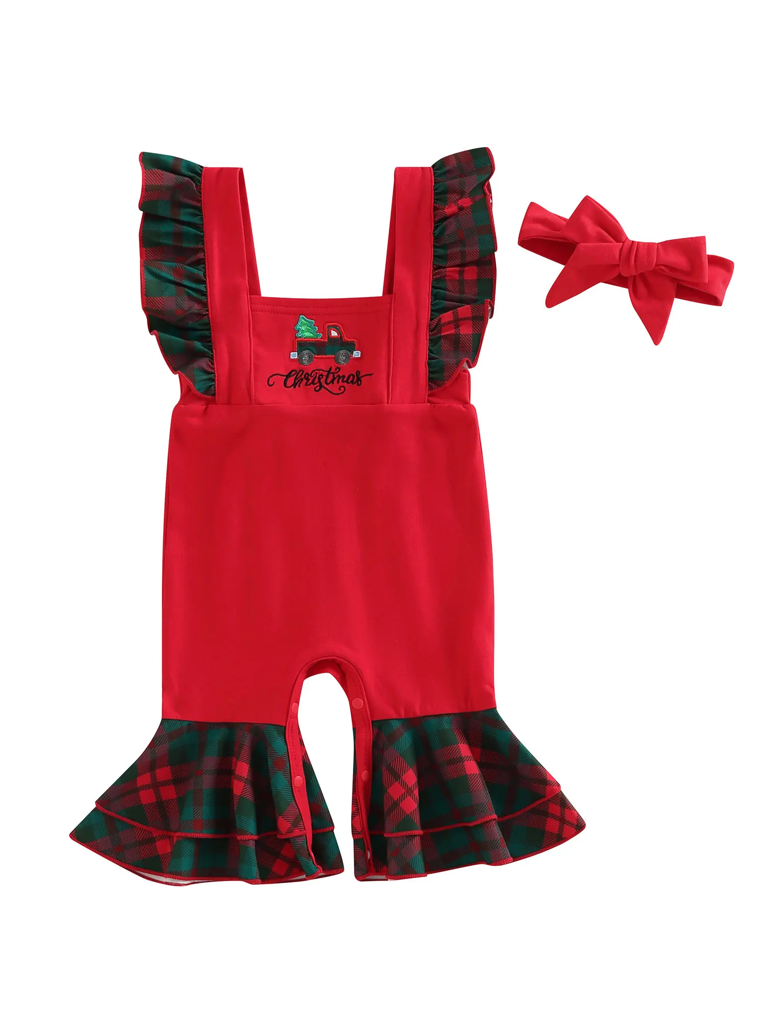 

Infant Baby Girl Christmas Clothes Ruffle Sleeveless Romper Jumpsuit Playsuit Overalls Outfits Headband
