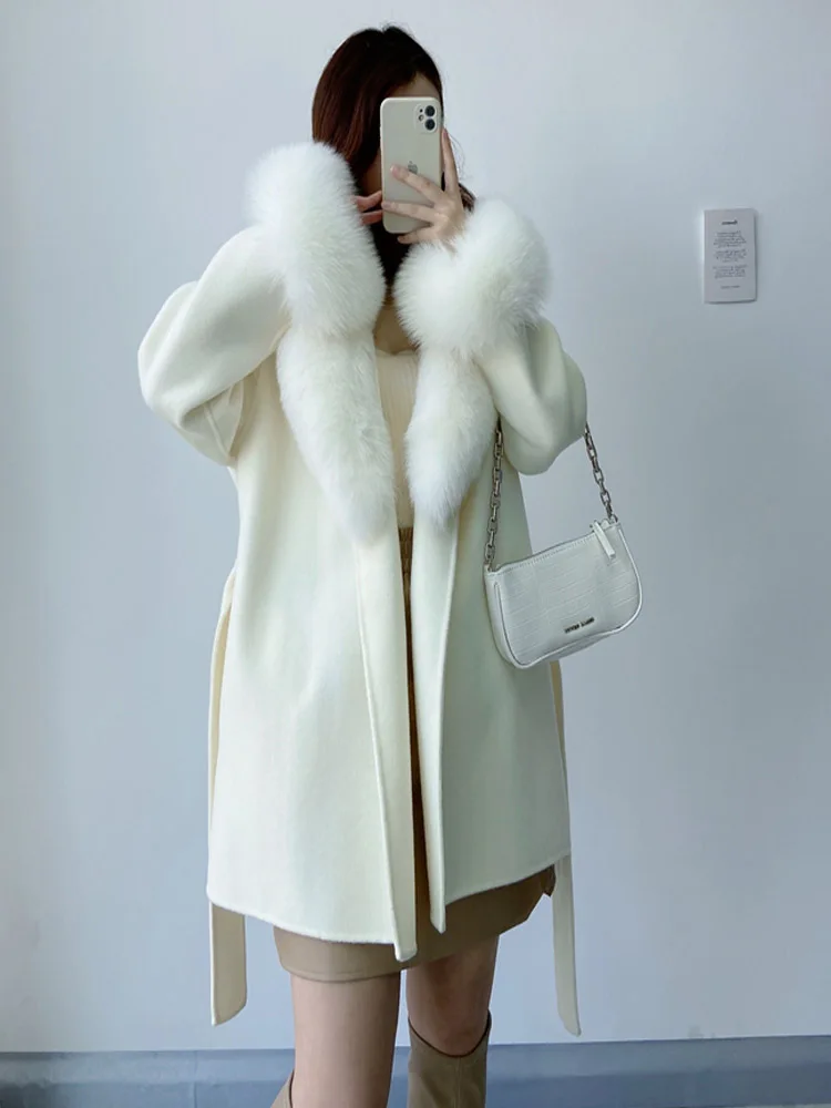 Natural Fox Fur Collar Cuffs Belt Cashmere Wool Woolen Outerwear Streetwear 2023 Real Fur Coat Winter Jacket Women