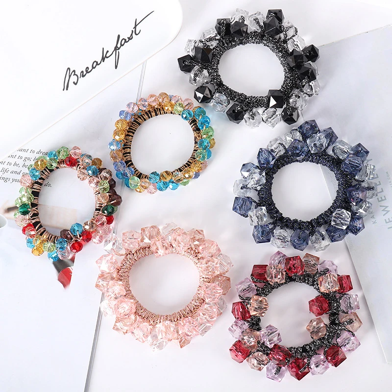 

Women Colored Crystal Pearls Hair Rope Handmade Elastic Beaded Ponytail Holders Hair Ties For Women And Girls Hair Accessories
