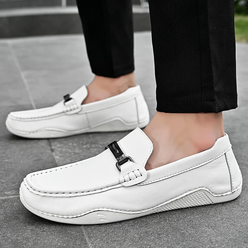 

White Loafers Men's Thick-soled Driving Shoes Fashion Casual Shoes Moccasin Large Size 46 Business British Style Leather Shoes