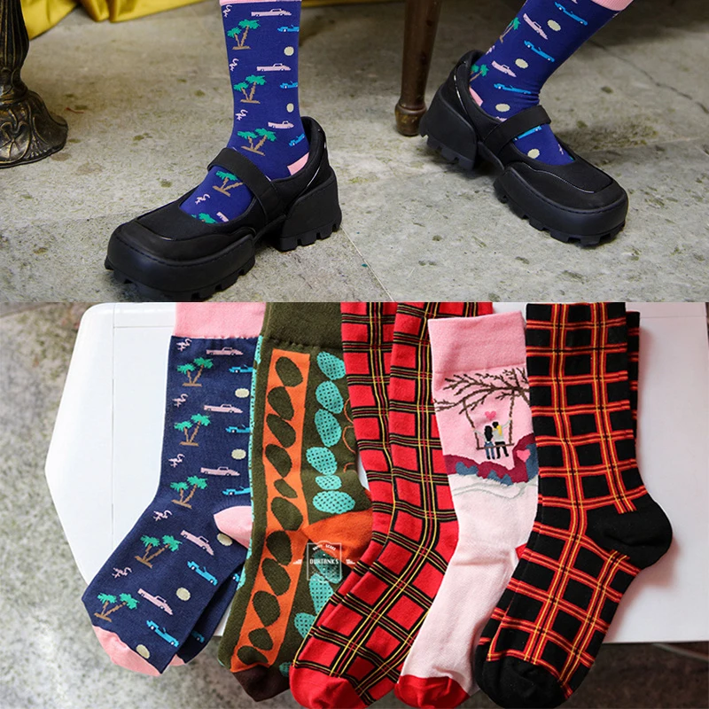 

2021 Spring/Summer New Socks Plaid Tube Socks Cartoon Cute Couple Creative Featured Style Socks