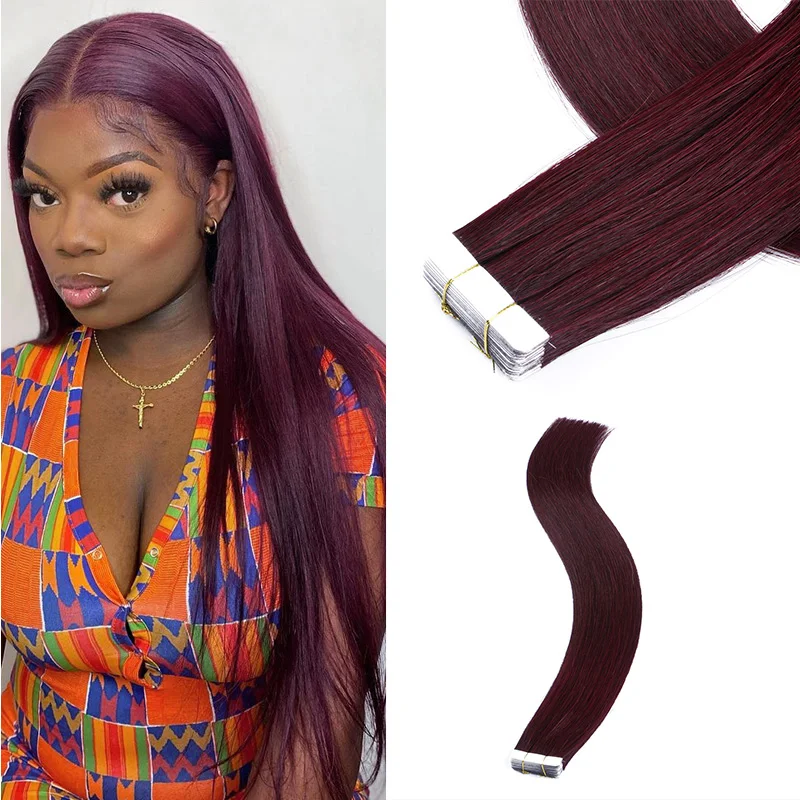 

Burgundy Silky Straight Tape In Human Hair Extensions Skin Weft Hair Extensions Adhesive Invisible Brazilian Bulk Virgin Hair