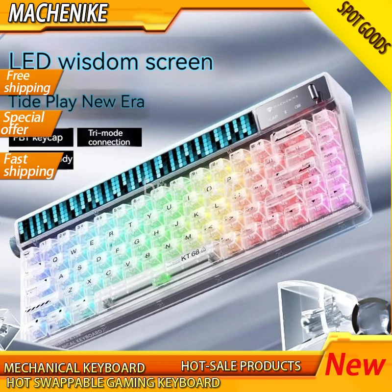 Клавиатура Machenike Kt68 с тремя режимами, динамический смарт-экран, подсветка Rgb, ПБТ, поворотный переключатель, 68 клавиш