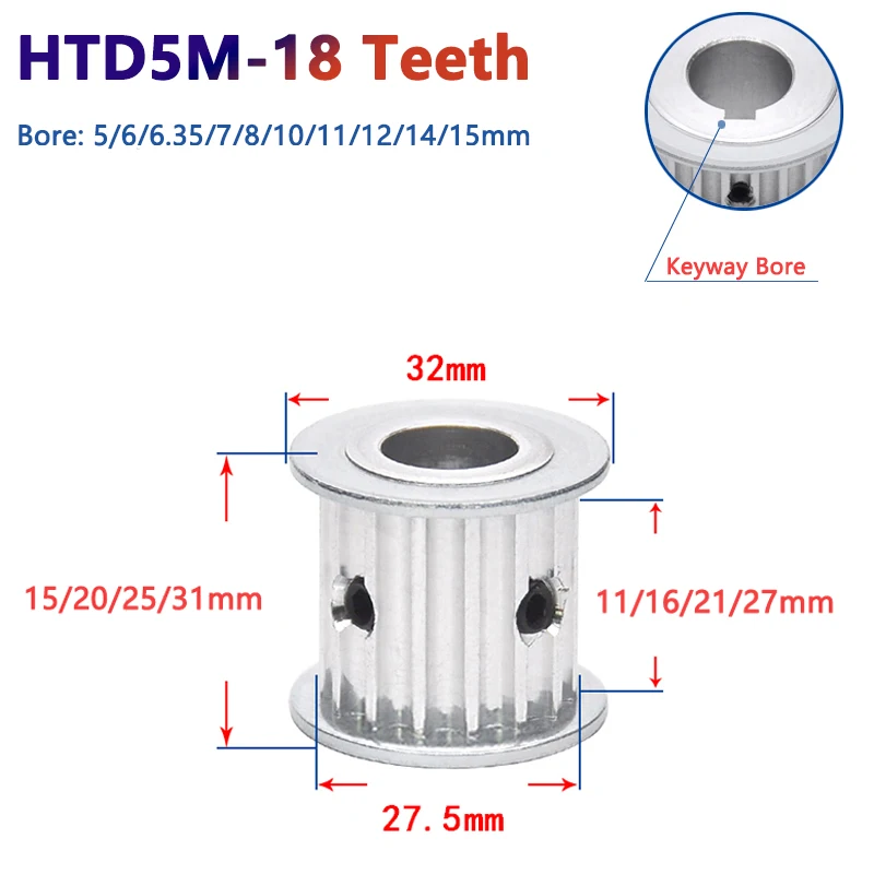 

1 шт., зубчатый шкив 18 зубьев HTD5M, зубчатый шкив 18 T HTD 5M, синхронное колесо для ремня шириной 10/15/20/25 мм, отверстие 5/6.35/7/8/10/11/12/12.7/14/15 мм