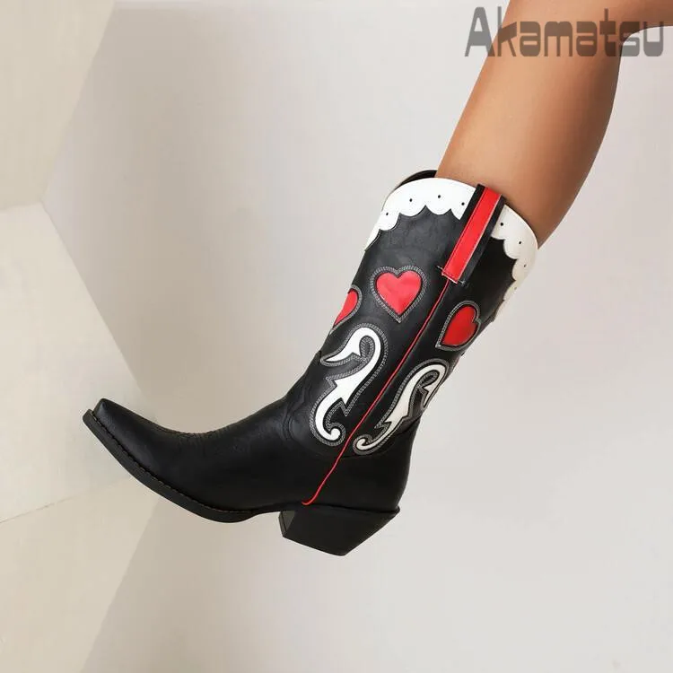 Red and Black Heart Cowboy Boots Women's Shoes Retro Embroidered European Style Pu Pointed Toe Thick Med Heel Sleeve Boots