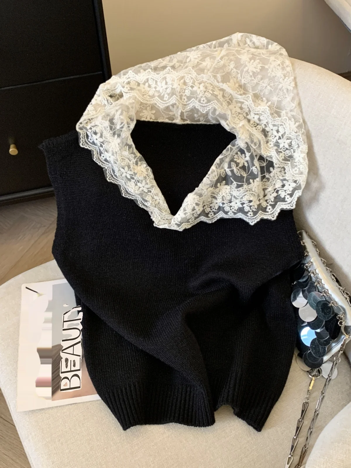 Свитер с кружевным капюшоном жилет женская весенне-осенняя верхняя одежда