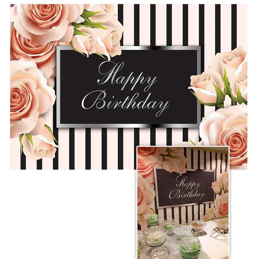 

Customized Birthday Party Banner Backdrop Black Stripes Flowers for Women 30th 40th 50th 60th Photography Background Photo Booth