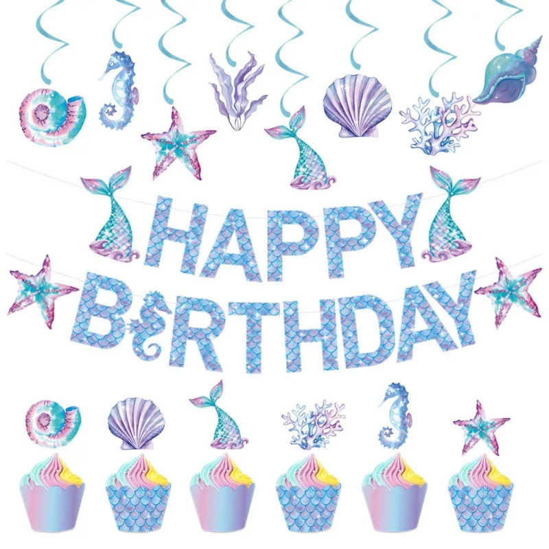 

2023 набор украшений для дня рождения русалки, вытягивающий баннер, тематический спиральный Топпер для торта с морским дном