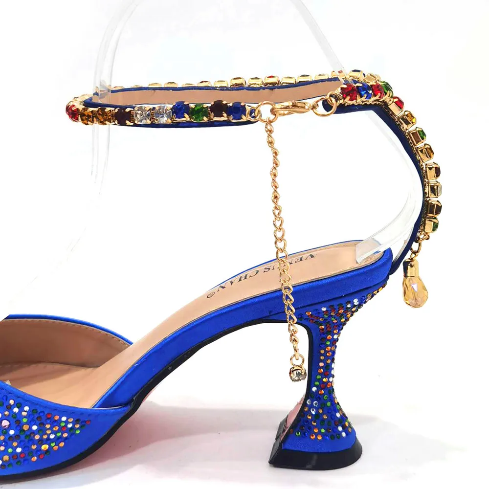 2023 Blue Color Popular Pointed Full Of Diamonds And Shiny Shoes With Bag Banquet Shoes And Bags And Friends Party