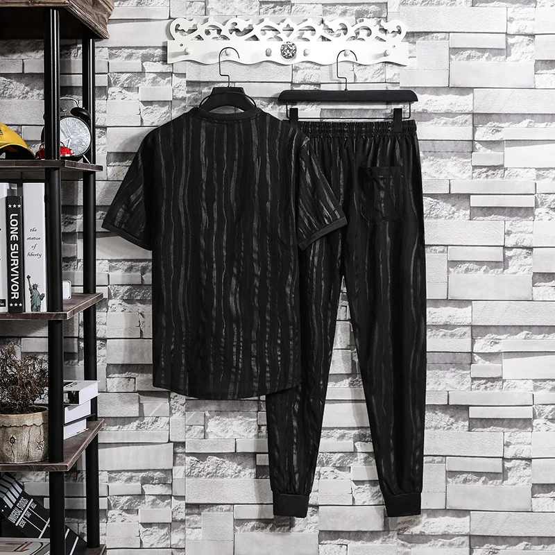 Casual suit summer loose new men's short sleeveTT-shirt pants with drawstring sports fashion clothes men's casual