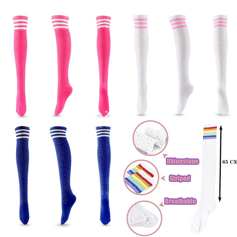 

New Compression Socks Women Rhinestone Striped Stockings Breathable Cotton Sport Sock Over Knee Stockings for Club,Party,Cosplay