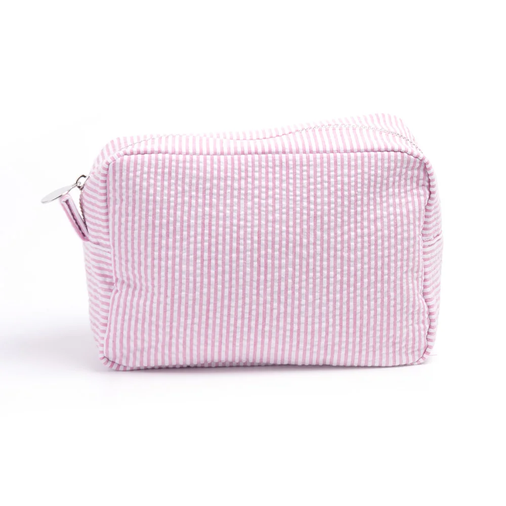 Girls Seersucker Cosmetic Bag Travel Toiletry Bag Pink Striped Seersucker Storage Bag Make Up Pouch With Zipper Travel Bag