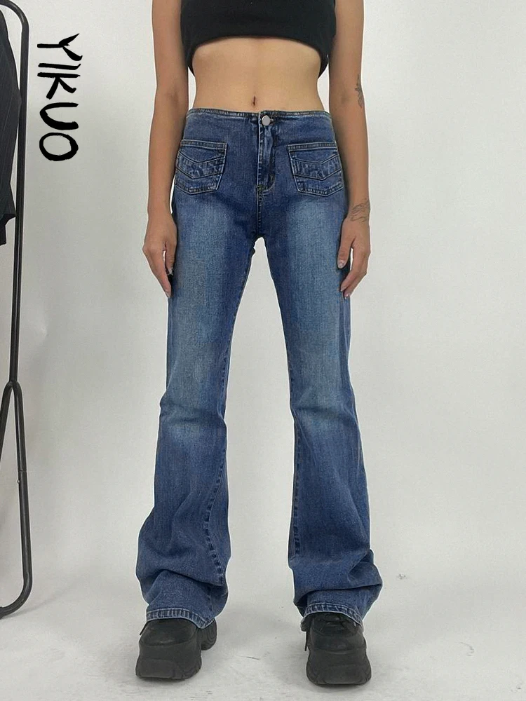 

Джинсы YIKUO y2k в стиле ретро с низкой посадкой, милые джинсовые спортивные брюки, корейская мода, повседневная женская эстетичная уличная оде...