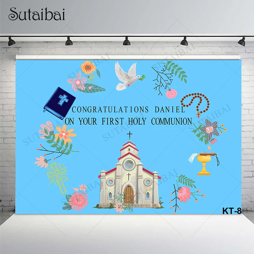 

Christening Backdrop Boy Girl Child God Bless Cross Flowers First Holy Communion Baptism Party Decoration Blue Background Props
