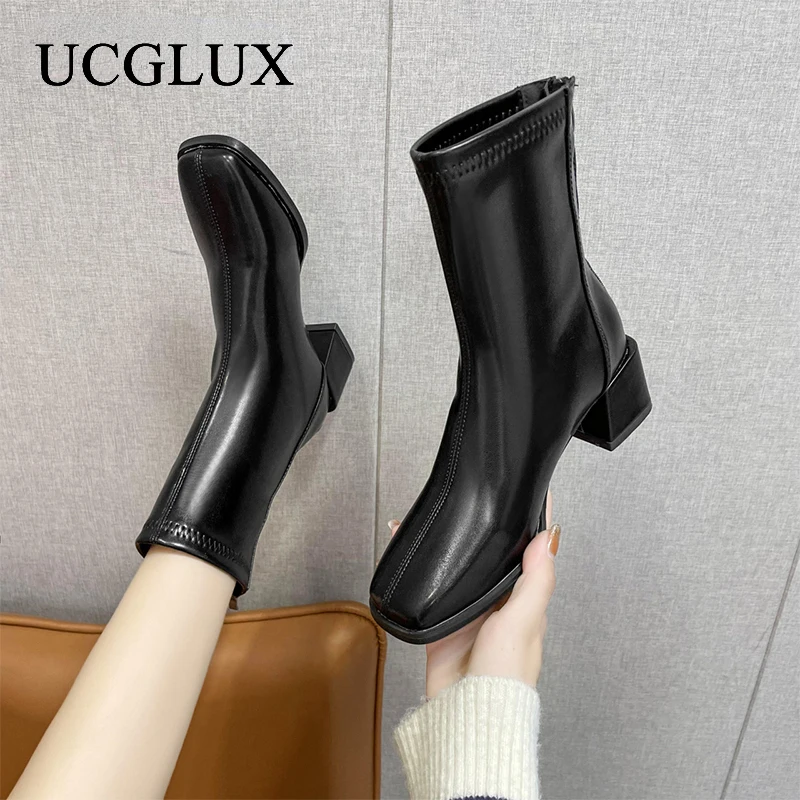 

Fashion Retro Ankle Boots Ladies Square Toe Square Root Middle Boots Thick Bottom Back Zipper Women's Boots Sapatos Femininos