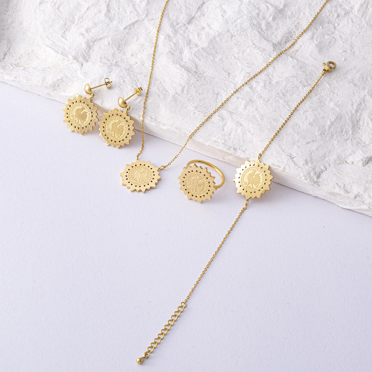 

LUIZADA 2022 SEP hot selling accessories wedding jewelry set for women Three slide drills Stainless steel with Necklace Earrings