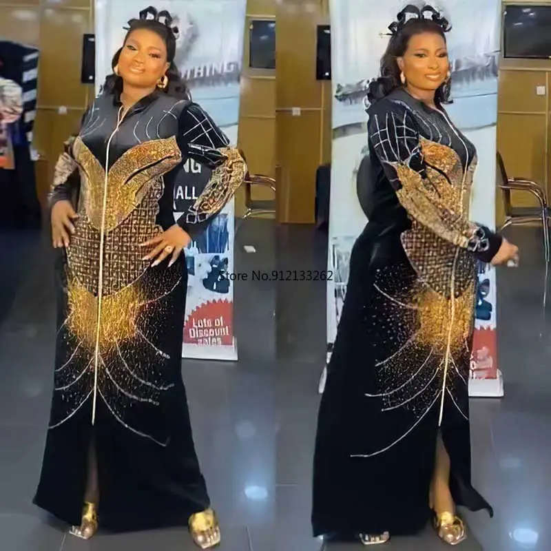 

African Dresses For Women Dashiki Mesh Ruffle Sleeve Robe African Dress Africa Clothes Super Elastic Diamonds Party Maxi Dress