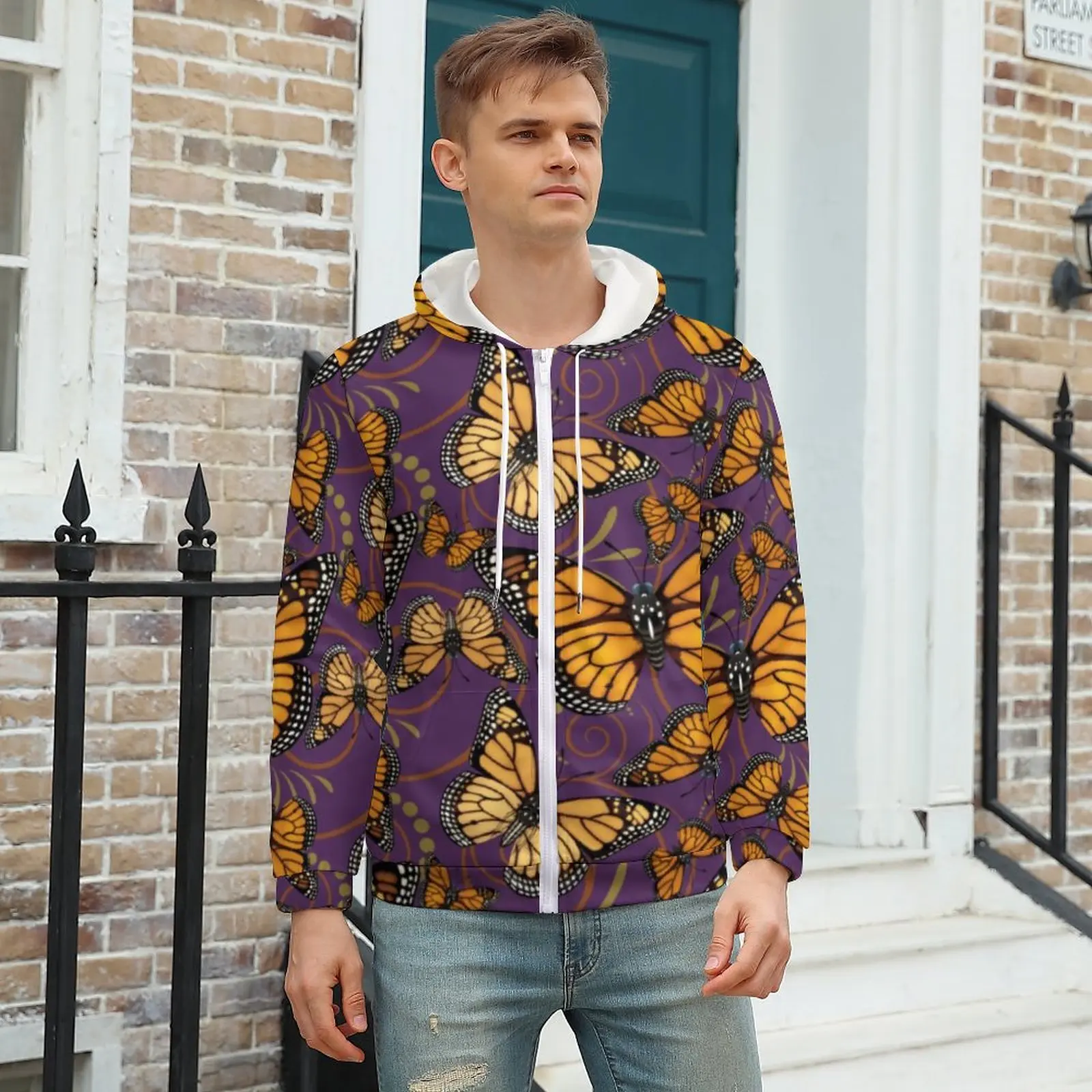 

Monarch Butterfly Loose Hoodies Orange Animal Print Casual Hoodie Long Sleeve Modern Graphic Hooded Sweatshirts Plus Size 5XL
