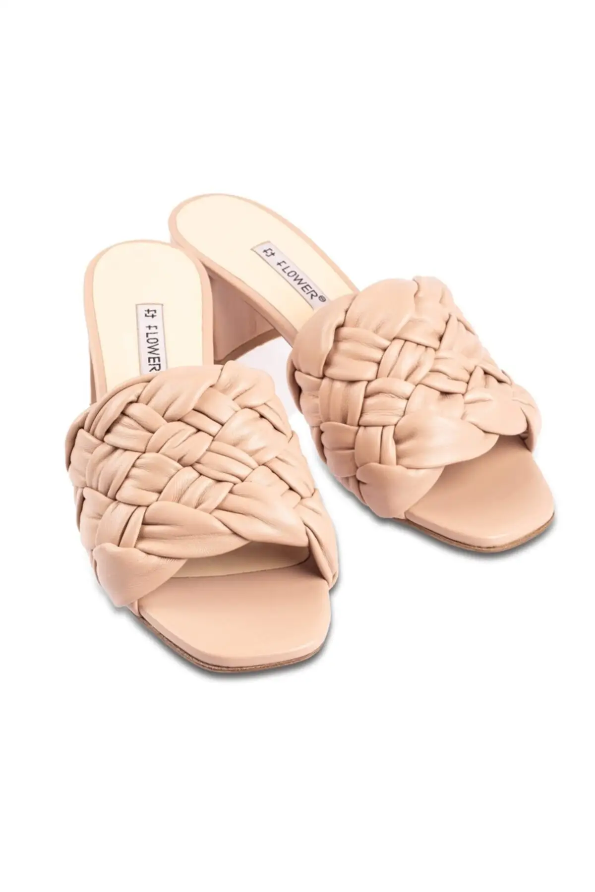 

Women beige knit thick heels slippers