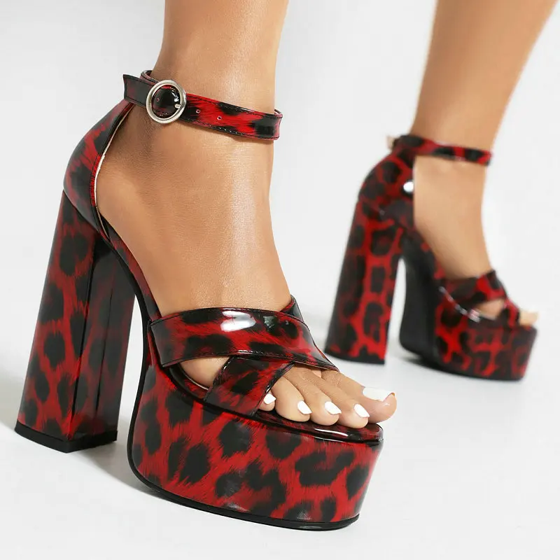 

Patent PU Leather Sandalias Mujer Verano 2023 Sexy Red Leopard Design Open Toe Women Block High Heels Female Platform Sandals