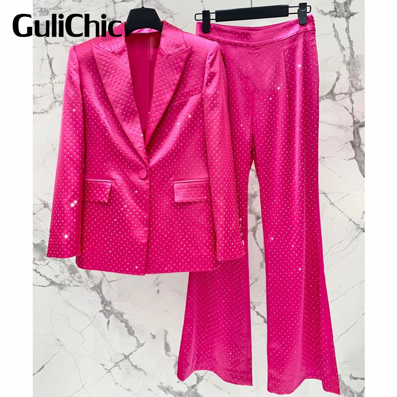 

6,30 GuliChic женский модный элегантный повседневный Блейзер на одной пуговице со стразами и английским воротником или брюки-клеш с высокой талией или шорты