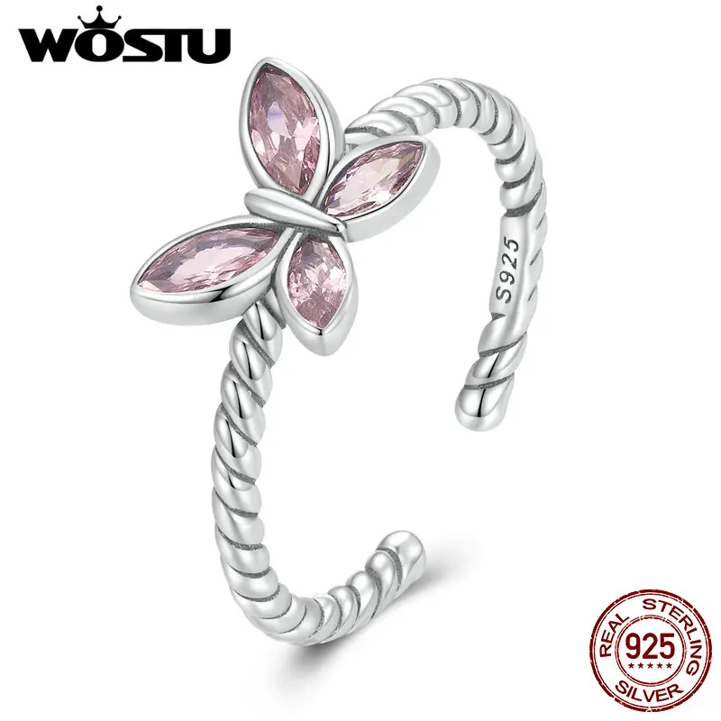 WOSTU 925 Sterling Silver Love Pink Buttefly anelli aperti per le donne Shiny Clear CZ anello regolabile famiglia festa di compleanno gioielli