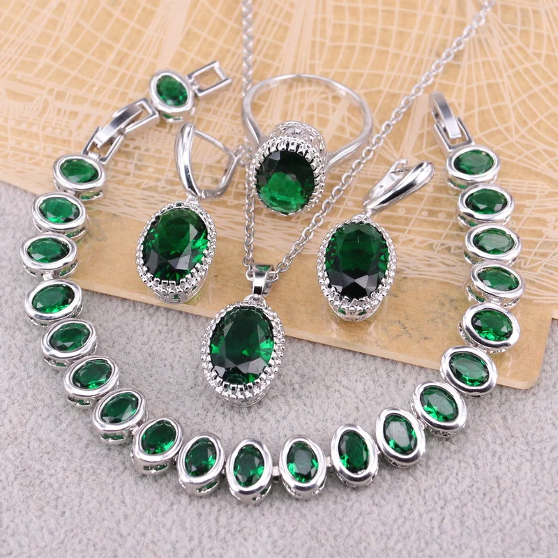 

925 Silver Jewelry Sets for Women Wedding Earrings for Ladies Green Stone Necklace Pendant Earrings Ring Bracelet Gift