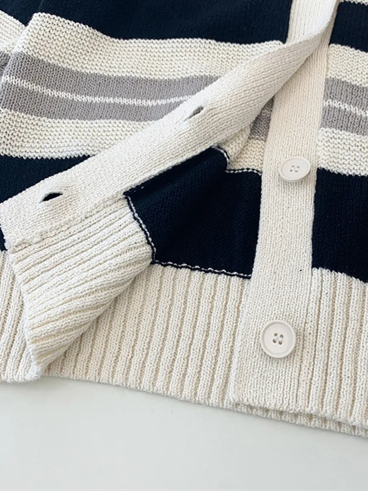 Женский полосатый вязаный свитер с отложным воротником Женская однобортная