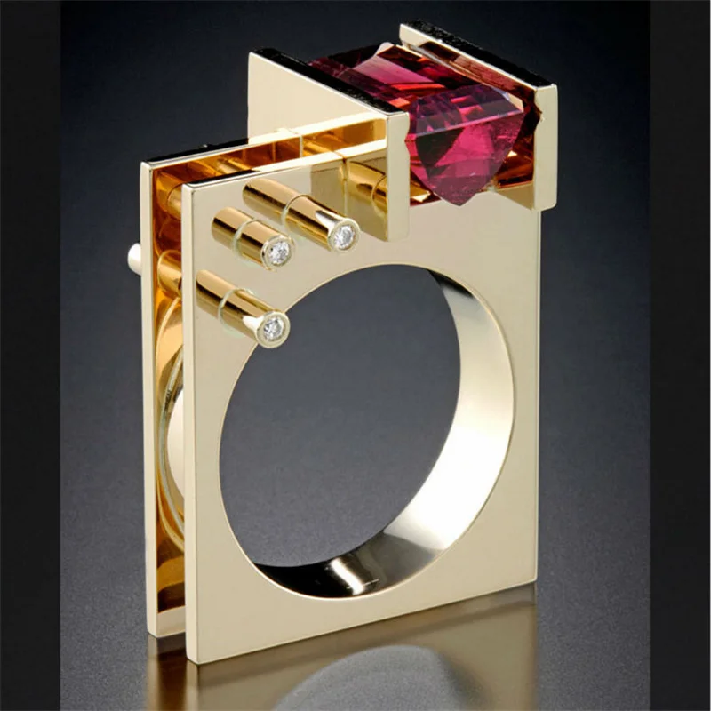 

Exquisite Women Fashion Gold Color Square Geometry Red White Stone Rings for Women Wedding Engagement Jewelry