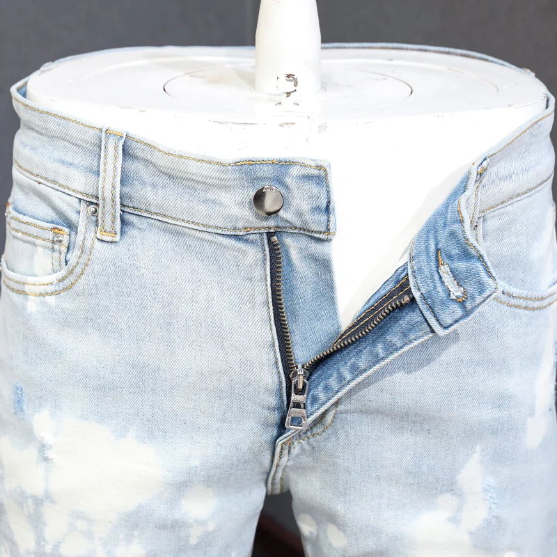 High Street Fashion Men Jeans Retro Light Blue Painted Elastic Skinny Ripped Jeans Men Bead Patched Designer Hip Hop Brand Pants