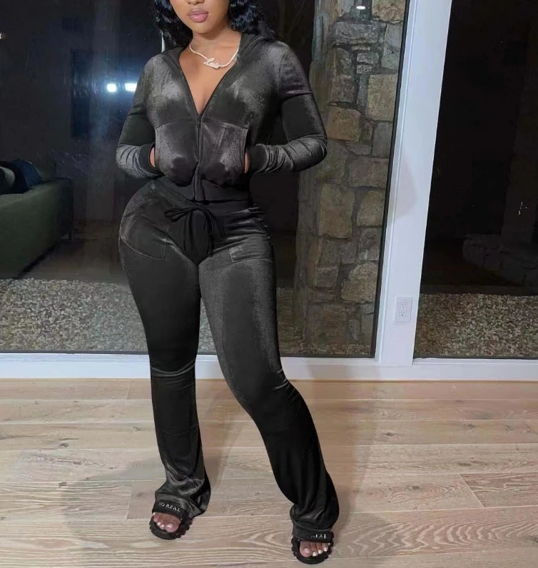 Golden Velvet Zipper Hooded Warm Casual Set