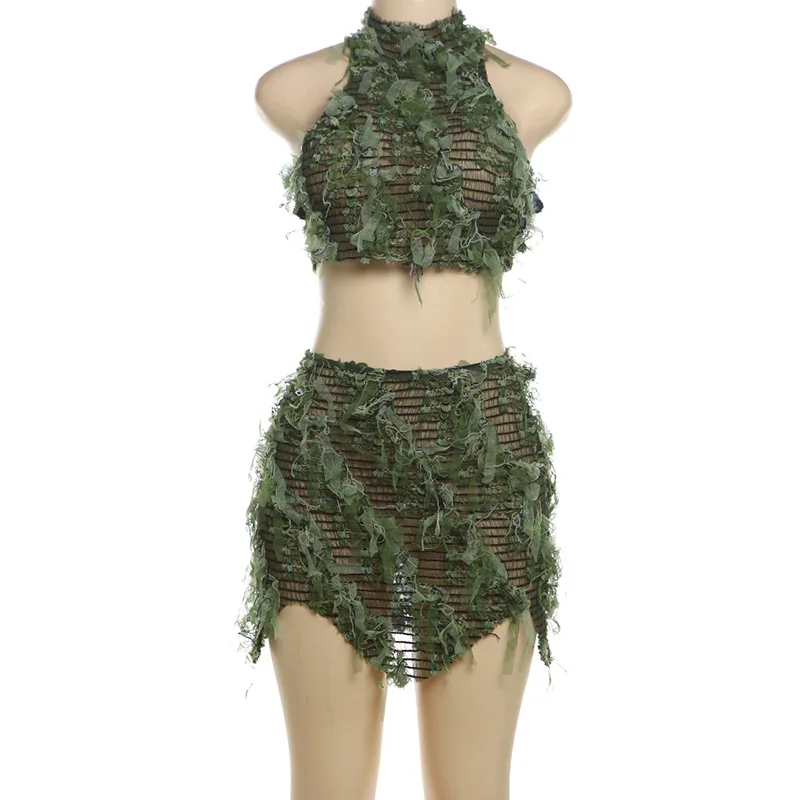 Цветной лоскутный сетчатый женский пикантный комплект из 2 предметов с бахромой