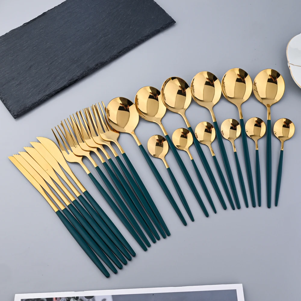 

Western Dinnerware Set Green Gold Stainless Steel Cutlery Set with Green Handle Kitchen Dinnerware Faltware 24 Pcs.