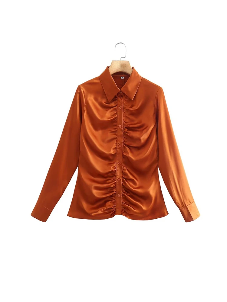 

Women Orange Satin Long Sleeve Shirt Spring Autumn Single Breasted Ruched Slim Blouses 2022 Tops