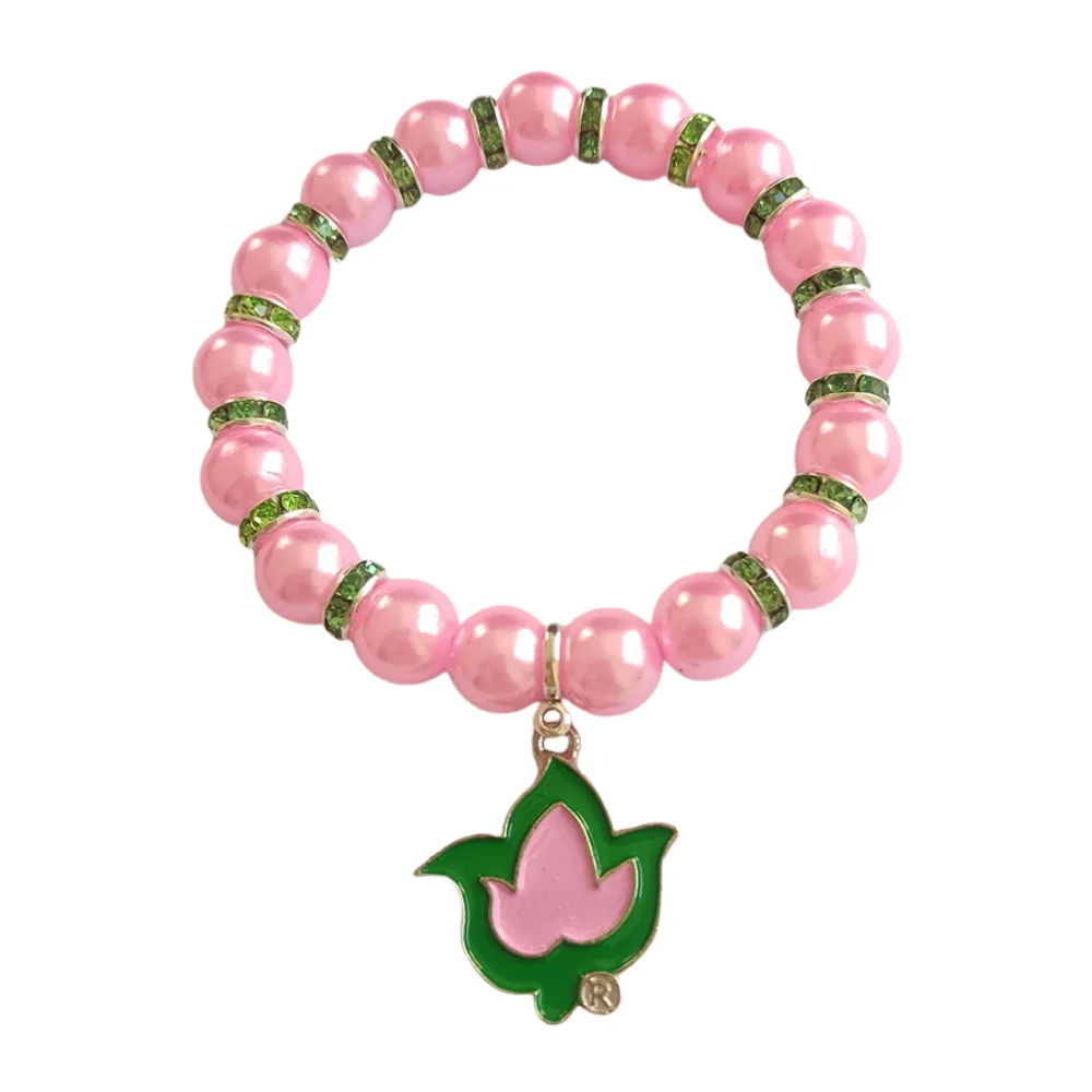 

Handmade elastic adjustment pink pearl Greek number heart-shaped maple leaf pendant charm bracelet