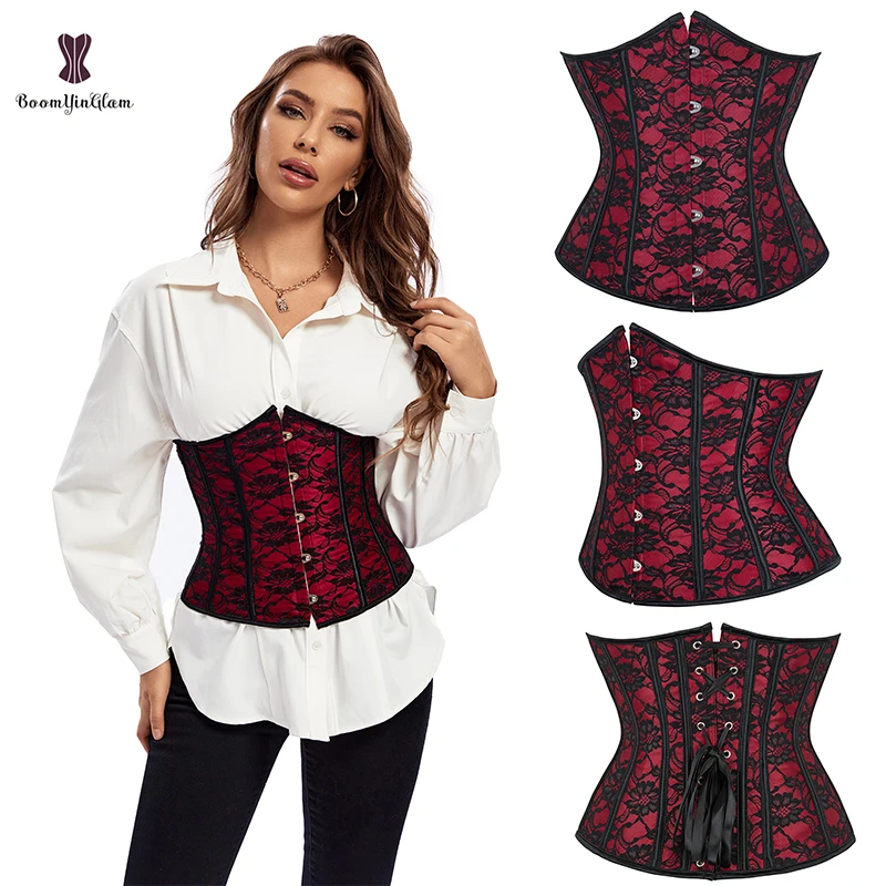 Front 29.5CM Red Floral Lace Waist Corsets Long Troso Cincher Shapers Underbust Korsett Woman Plus Size Outfit Shapewear 919#