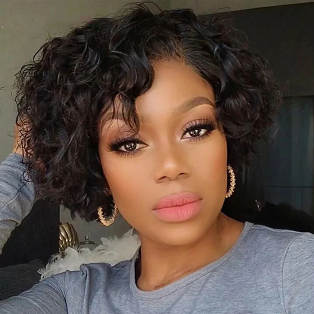 Pixie Cut Curly Wig with Bang Human Hair Wigs for Women Brazilian Human Hair BOB Glueless Wig Curly Wigs Perruque Cheveux Humain
