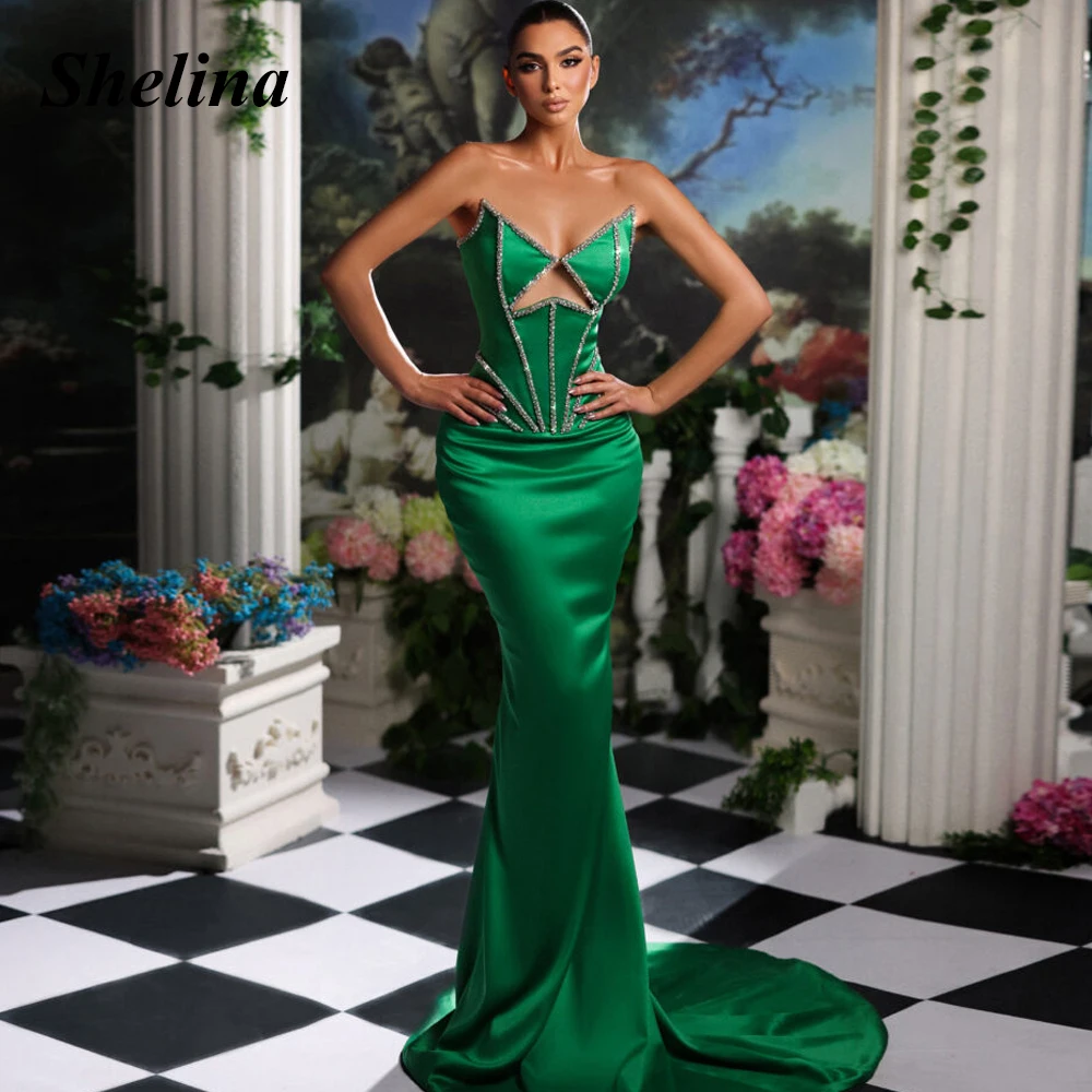 

Shelina Fancy V-neck Graduation Dress Crystal Cut-Out Sleeveless Mermaid Backless Sweep Train Vestidos De Baile Made To Order