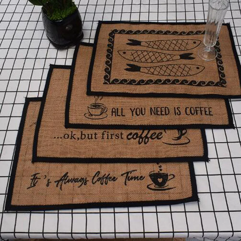 

NEW Natural Jute Burlap tassels Printed table place mat pad Cloth Coffee tea placemat cup Christmas party coaster dish doily