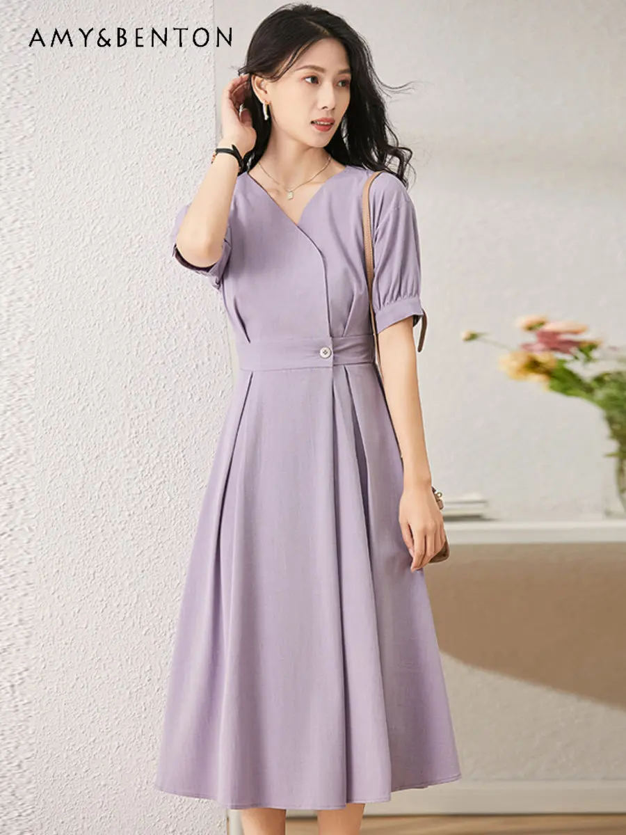 Women's Purple Fairy Mid-length Dress Gentle Waist Slimming Summer Temperament V-neck Overknee Puff Short Sleeve Dress