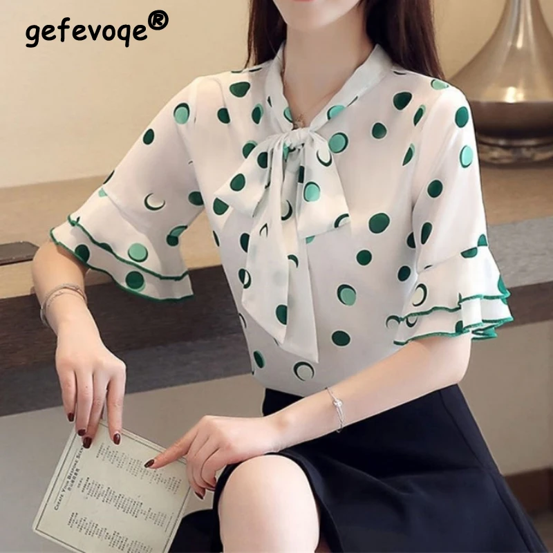 

Summer Chiffon Elegant Bow-knot Shirt 2022 Fashion Women's Short Sleeve Polka Dot Top Spring Casual Ruffles Oversize 4XL Blouse