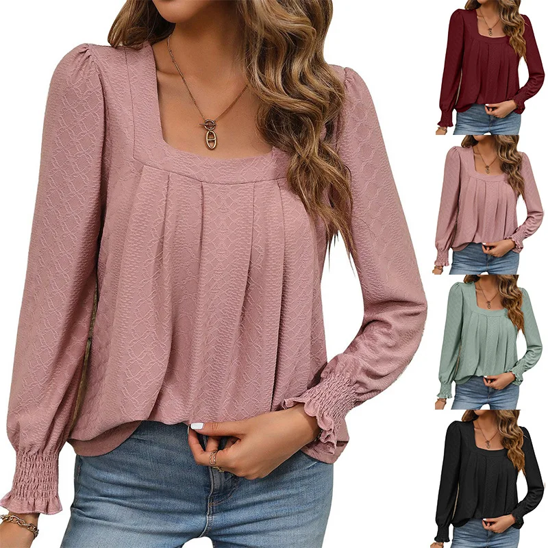 

2023 Autumn and Winter Women's New Jacquard Fabric Square Collar Fashion Tops