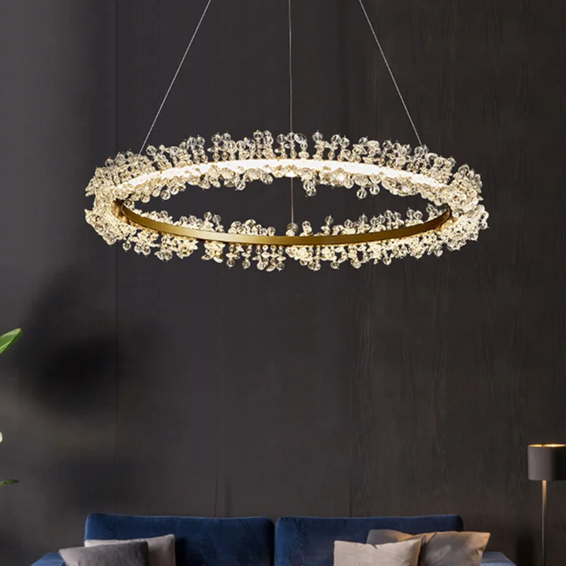 

Modern Luxury K9 Octagonal Beads Crystal LED Chandelier Lustre Gold Ring Pendant Light Home Decor Lighting Fixtures