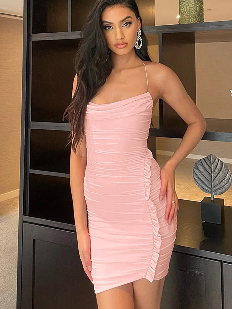 

Fashion Pleated Mini Suspender Dress Sexy Low Cut Backless Summer Party Dresses for Women Elegant Solid Bodycon Club Street Wear