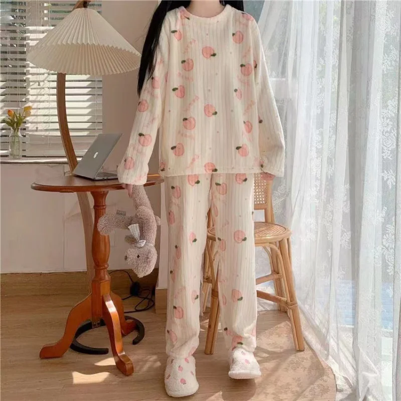 Cute Sweet Autumn Winter Warm Pajama Set Women Chic Coral Fleece Peach Print Soft Homewear Female Sleepwear Pyjamas 2 Piece Sets