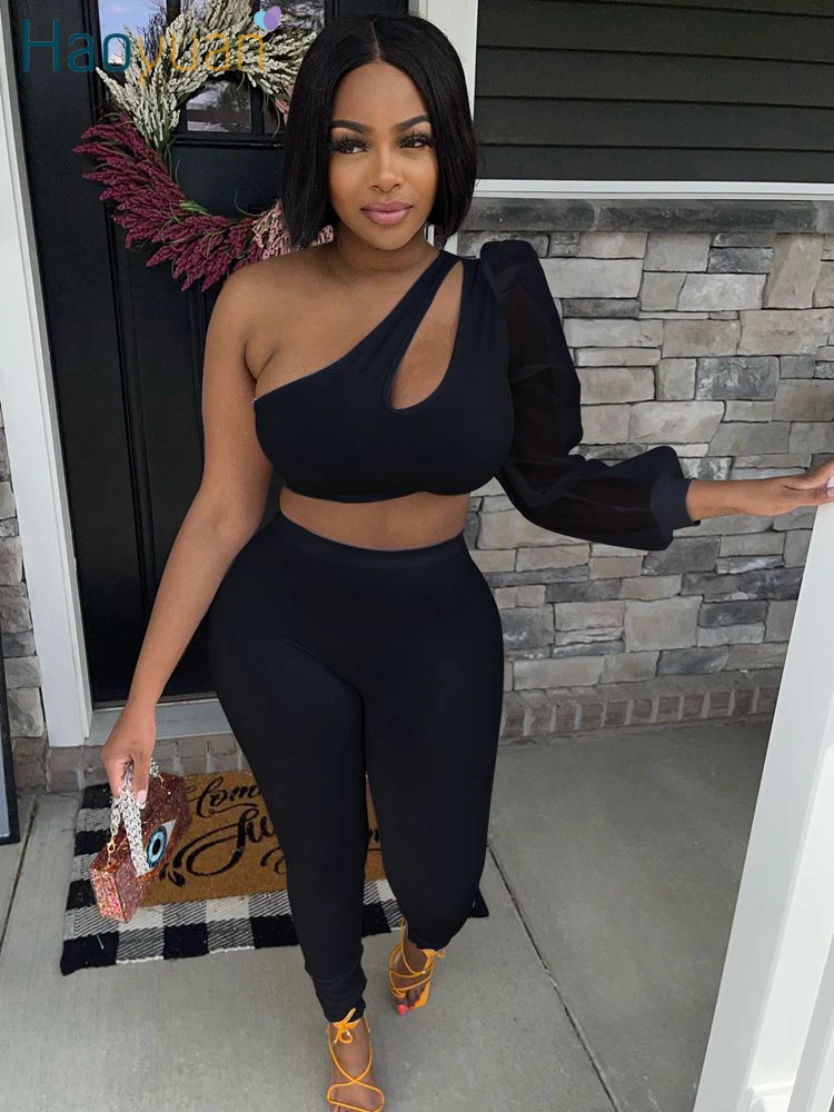 

HAOYUAN Sexy Two Piece Set One Shoulder Mesh Sleeve Crop Top Leggings Vacation Club Outfits Matching Sets Women Summer Clothes