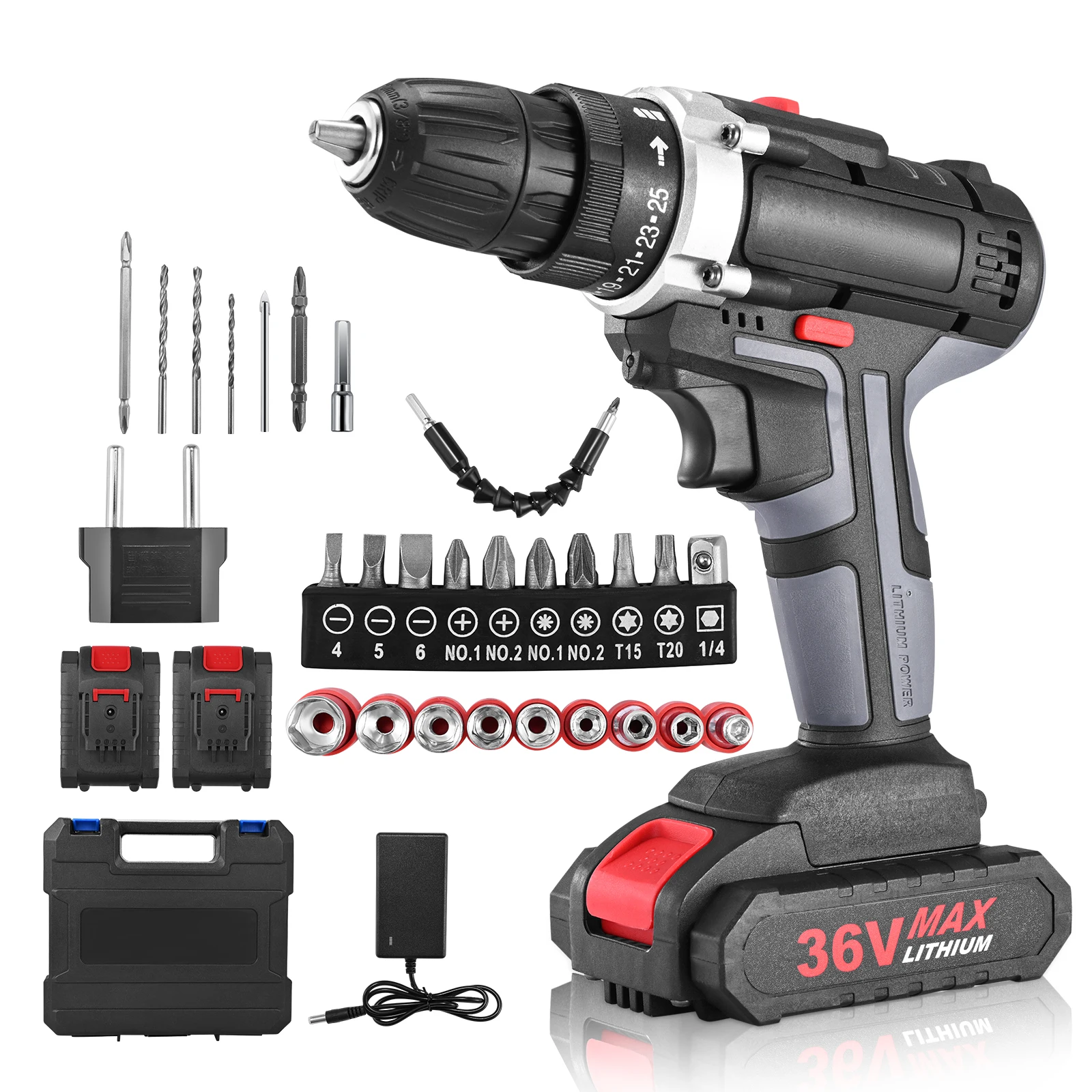 36V Cordless Screwdriver Electric Screwdriver Cordless Drill Power Tools Handheld Drill Lithium Battery Charging Drill + Battery